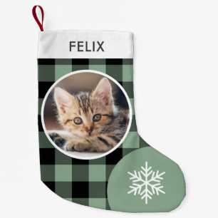 Green Buffalo Plaid Custom Pet Cat Photo Small Christmas Stocking