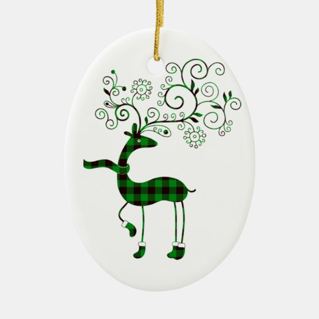 Green Buffalo Plaid Deer Ceramic Ornament (Front)