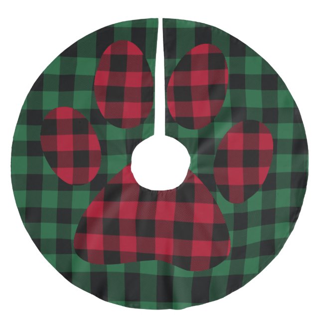 Green Buffalo Plaid & Dog Paw Print, Chequered Brushed Polyester Tree Skirt (Front)