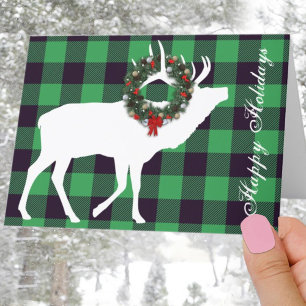 Green Buffalo Plaid Elk Silhouette Holiday Wreath Card