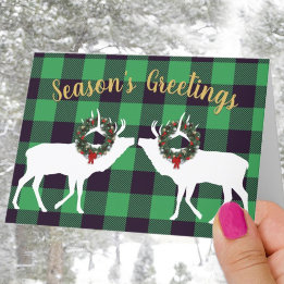Green Buffalo Plaid Elk Silhouette Wreath Custom Holiday Card