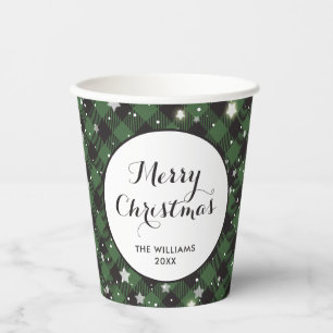 Green Buffalo Plaid Family Christmas Party Paper Cups