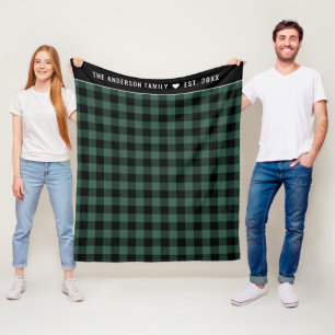 Green Buffalo Plaid Family Name Monogram Fleece Blanket