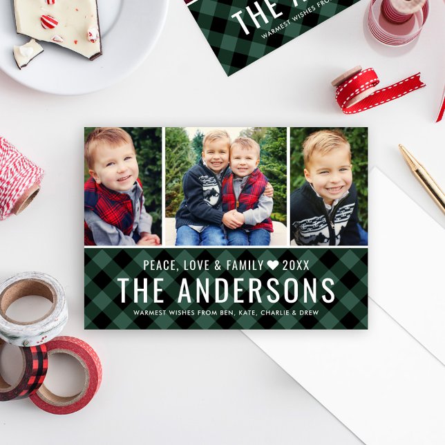 Green Buffalo Plaid Family Name Photo Collage Holiday Card (Creator Uploaded)