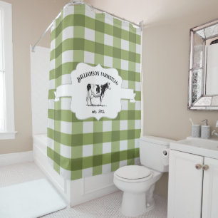 Green Buffalo Plaid Farm Cow Shower Curtain