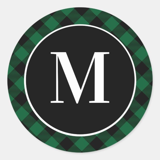 Green  Buffalo Plaid Initial Monogram Classic Round Sticker (Front)