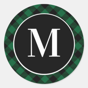 Green Buffalo Plaid Initial Monogram Classic Round Sticker