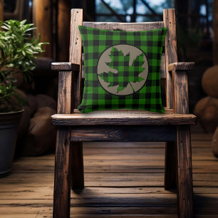 Green Buffalo Plaid Maple Leaf Throw Pillow