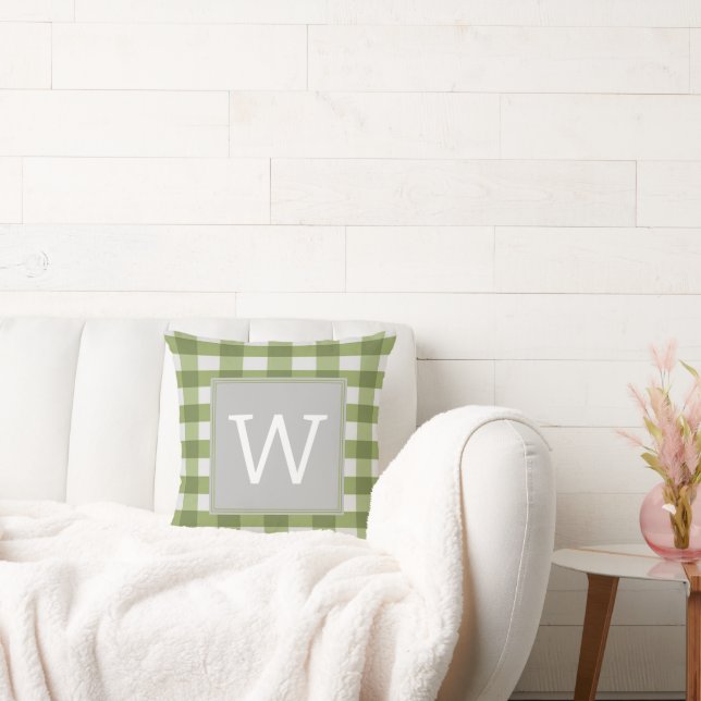 Green Buffalo Plaid Monogram Throw Pillow (Couch)