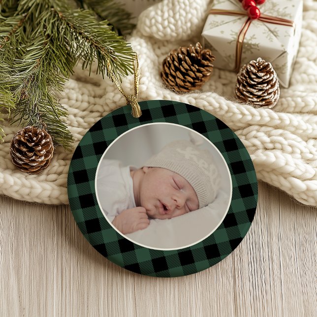 GREEN BUFFALO PLAID NAME Photo Christmas Keepsake Ornament (Creator Uploaded)