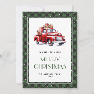 Green Buffalo Plaid Red Truck Merry Christmas Card