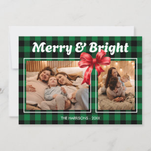 Green Buffalo Plaid Ribbon Two Photos Christmas Holiday Card