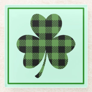 Green Buffalo Plaid Shamrock Clover Design-61104 Glass Coaster