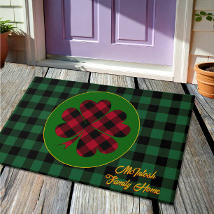 Green buffalo plaid Shamrock, Lucky Clover Charm Doormat