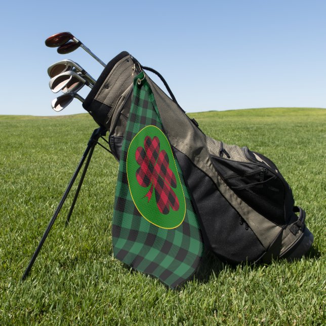 Green buffalo plaid Shamrock, Lucky Clover Charm Golf Towel (Green)