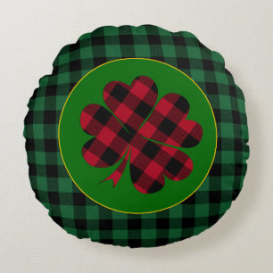 Green buffalo plaid Shamrock, Lucky Clover Charm Round Pillow
