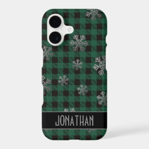 Green Buffalo Plaid Silver Glitter Snowflakes