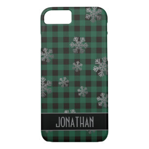 Green Buffalo Plaid Silver Glitter Snowflakes Case-Mate iPhone Case