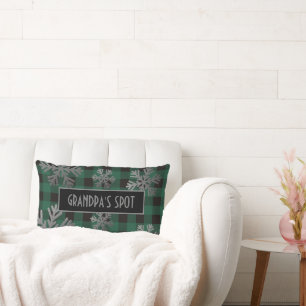 Green Buffalo Plaid Sparkly Snowflakes Lumbar Pillow