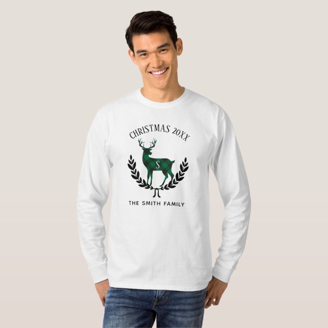 Green Buffalo Plaid Stag Monogram T-Shirt (Front Full)