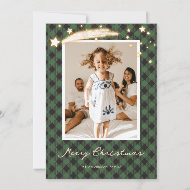 Green Buffalo Plaid Stars Photo Cartes de Noël (Devant)