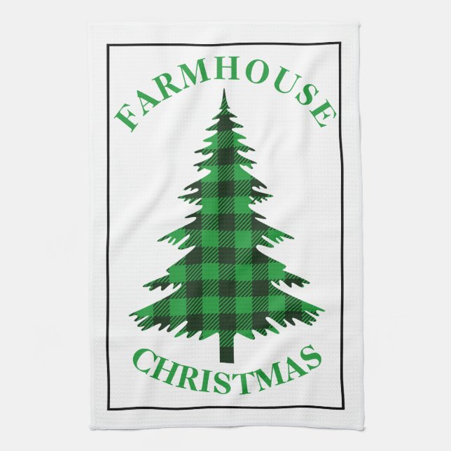 Green Buffalo Plaid Tree Farmhouse Christmas Kitchen Towel (Vertical)