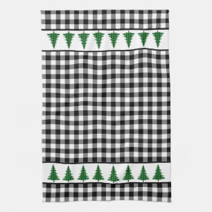 Green Buffalo Plaid Tree on Black and White Checks Kitchen Towel