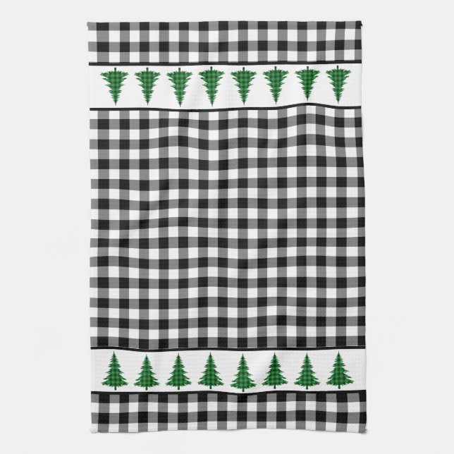 Green Buffalo Plaid Tree on Black and White Checks Kitchen Towel (Vertical)