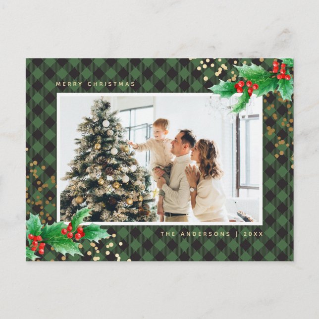 Green Buffalo Plaid Watercolor Photo Christmas Holiday Postcard (Front)