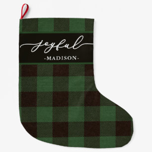 Green Buffalo Plaid with Joyful Script Christmas Large Christmas Stocking