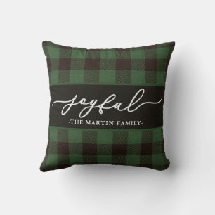 Green Buffalo Plaid with Joyful Script Christmas Throw Pillow