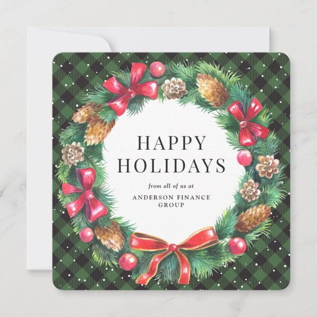 Green Buffalo Plaid Wreath Corporate Business Holiday Card (Front)
