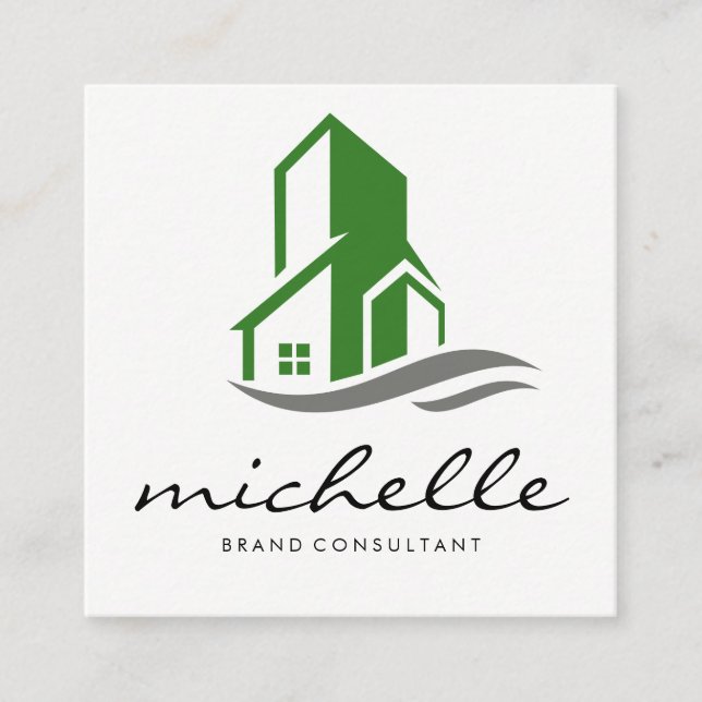 Green Building Icon Square Business Card (Front)