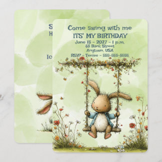 Green Bunny Come Swing With Me Boys Birthday Card