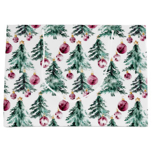 Green Burgundy Christmas Trees Ornaments Large Gift Bag