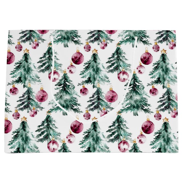 Green Burgundy Christmas Trees Ornaments Large Gift Bag (Front)