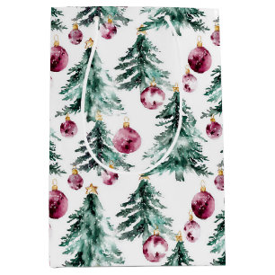 Green Burgundy Christmas Trees Ornaments Medium Gift Bag