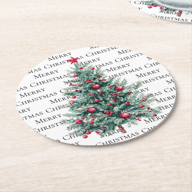Green Burgundy Christmas Trees Ornaments Round Paper Coaster (Angled)