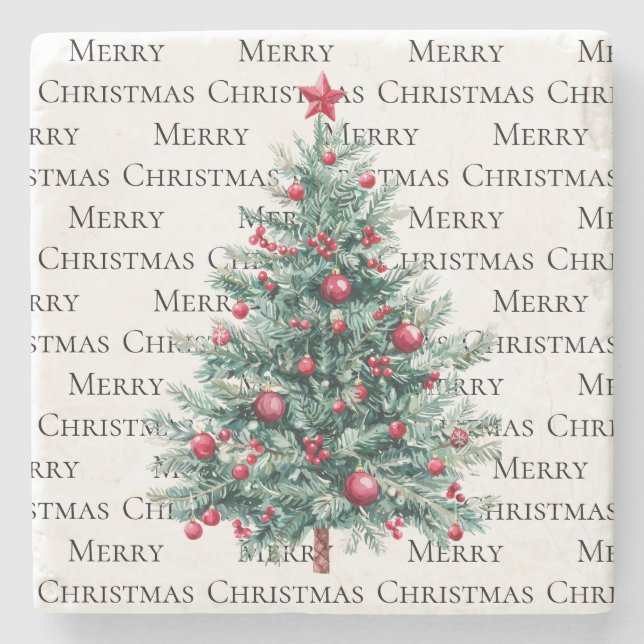 Green Burgundy Christmas Trees Ornaments Stone Coaster (Front)