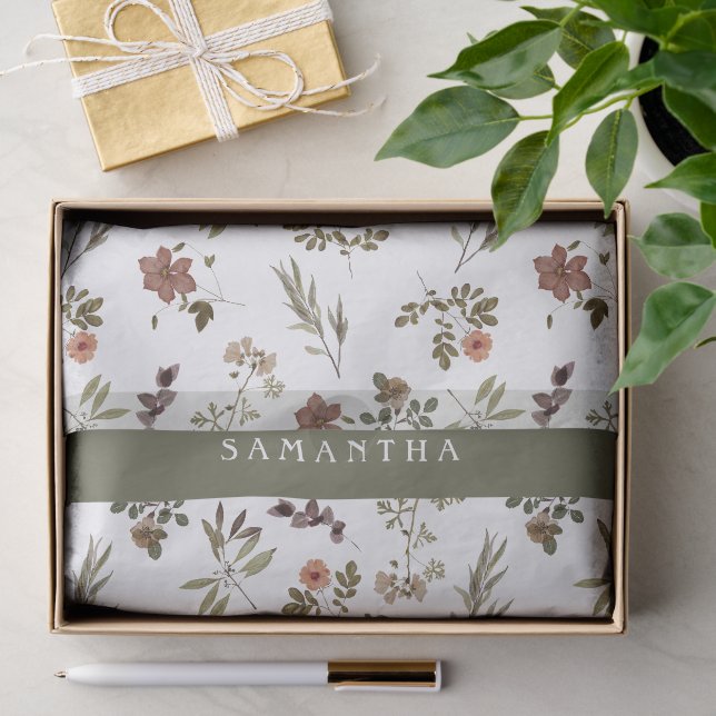Green Burgundy Wildflower Monogram Name Tissue Paper (Gift)