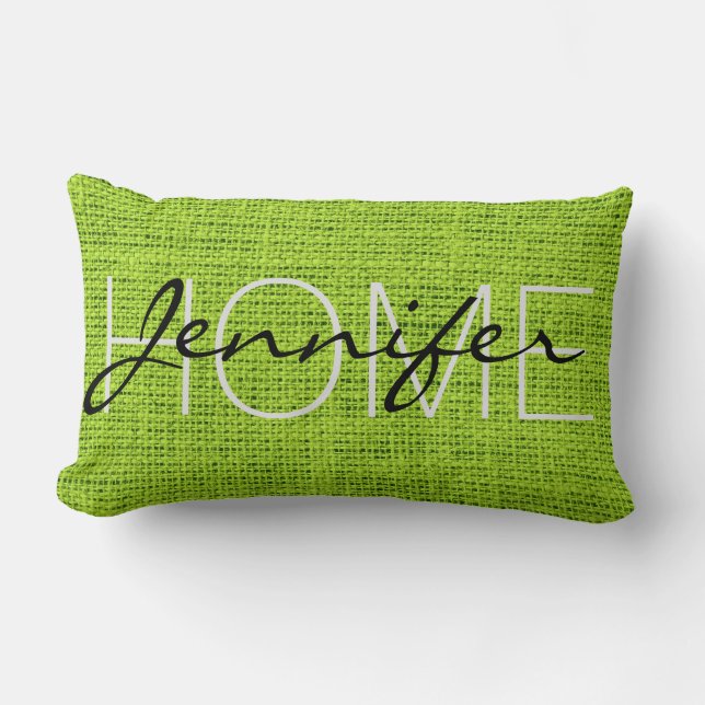 Green Burlap Rustic Monogram Lumbar Pillow (Front)