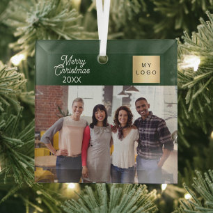 Green Business custom photo logo Christmas Glass Ornament