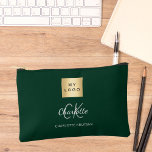 Green business logo name monogram accessory pouch<br><div class="desc">Dark green background,  white and grey text. Personalize and add your business logo,  first name,  monogram initials and full name.</div>