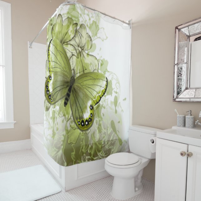 Green Butterflies are a beautiful shower curtain (In Situ)