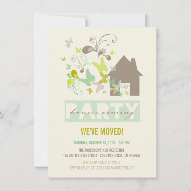 Green Butterflies Burst House Warming Party Invite (Front)