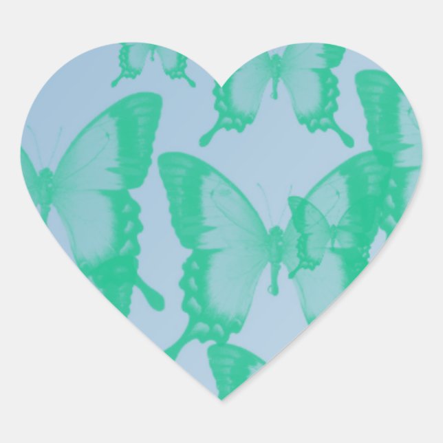green butterflies in blue background heart sticker (Front)