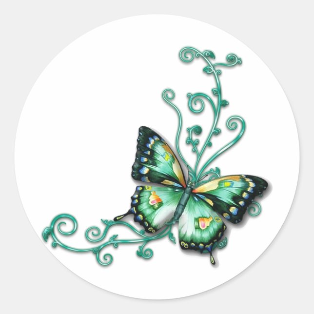 green butterfly classic round sticker (Front)
