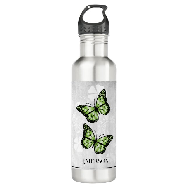 Green Butterfly Floral Personalized 710 Ml Water Bottle (Front)