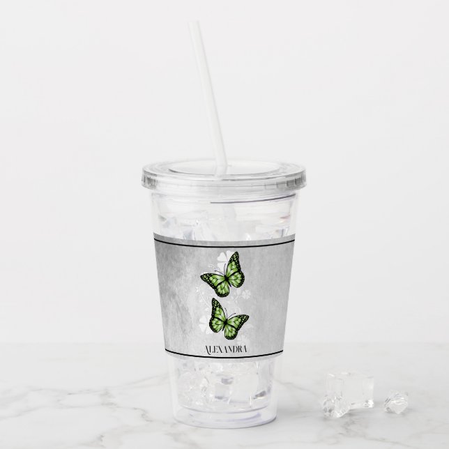 Green Butterfly Floral Personalized Acrylic Tumbler (Front Ice)
