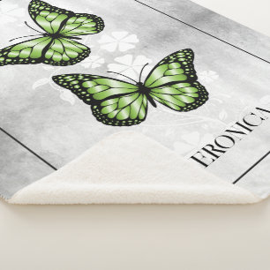 Green Butterfly Floral Personalized Sherpa Blanket